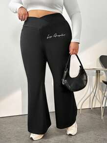 SHEIN CURVE+ Plus Size Minimalist English Print High Waist Waist Cross Design Micro Flared Long Tight Fitting Women's Leggings Suitable For Parties Suitable For Spring And Autumn Seasons