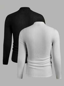 Manfinity Basics Men's 2 Pieces Knitted Fit Basic Casual Style Normal Shoulder Collar Black And White Men's T-Shirt Suitable For Autumn Matching