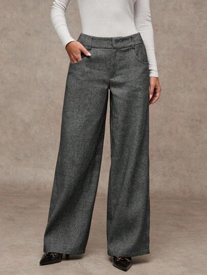 SHEIN BAE Women's Solid Color Commuter/Office/Vintage Style/Casual Outing Wool Blend Twill Straight Leg Trousers, Warm Autumn/Winter Women's Pants, Tweed Pants, Wide Leg Pants