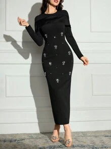 Modelyn Vestido largo elegante de manga larga con adorno de rhinestones y ajustado para damas - Negro - Ver 6
