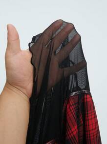 Whyspr Goth Punk Plus Size Black And Red Plaid Contrast Lace Ruffle Hem Goth Grunge Mini Dress Goth Women Outfit - Multicolor - View 8