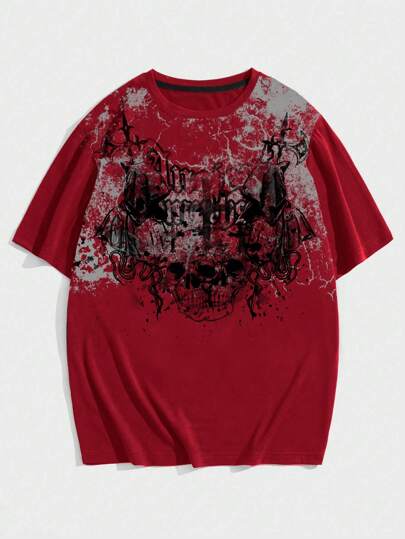 Goth Men's Round Neck Short Sleeve Printed Casual Tops, Daily Wear Tee, 2000s Style