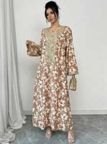 Al Najma 简约全印花圆领长袖长款阿巴亚套装，朴素的卡夫坦