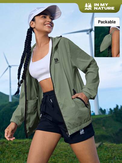 In My Nature Imperméable à capuche zippé de couleur unie pour femmes, simple et pour l'extérieur, port casual quotidien, vêtements de randonnée pour femmes