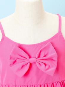 2Pcs/Set Pink Spaghetti Strap Bow Vacation Casual Outfit For Tween Girls - Hot Pink - View 6