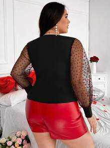 Flirla Valentine's Day Plus Size Heart Mesh Patchwork Top, Romantic Valentine's Includes Heart - Black - View 3
