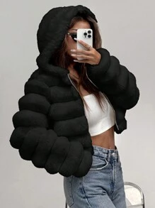 SHEIN EZwear Áo khoác lông ngắn có mũ trùm đầu dài tay màu trơn dành cho nữ mùa đông - màu đen - Xem 4