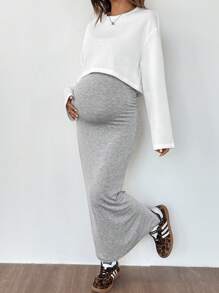 SHEIN Set Of 2: Raglan Sleeve Top And Solid Color Bodycon Maternity Dress, Suitable For Autumn - Multicolor - View 3