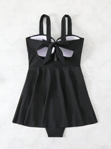 Swim Lushoire Women Beach Dress, Solid Cross Wrap Ruched Tummy Control Hollow Shoulder Elegant Swimwear For Summer Beach Vacation