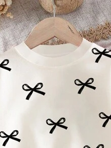 SHEIN 女婴可爱蝴蝶结印花柔软厚针织圆领长袖运动衫和紧身裤套装 - 彩色 - 查看 3