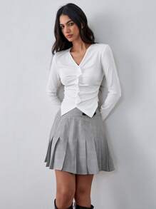 SHEIN Unity Women's Plaid Pleated Waist Buckle Decor Pleated Mini Shorts - Light Grey - View 3