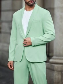 Manfinity Mode Men's Solid Color Button Front Shawl Neck Long Sleeve Casual Blazer Jacket - Green - View 4