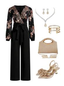 SHEIN Clasi Women's Glittery Sequin Jumpsuit For New Year Party Glittery Dress