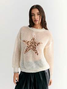 SHEIN Unity Hollow Out Women Leopard Print & Five Pointed Star Pattern Oversized Round Neck Drop Shoulder Long Sleeve Sweater Knit Pullover Fall Winter - Apricot - View 4