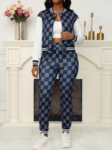 Zolique 2pcs Women Simple Button Front Long Sleeve Top And Long Pants Set - Blue - View 5