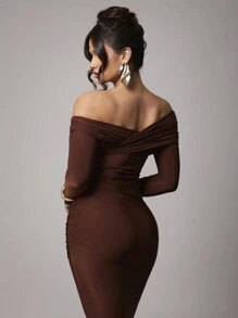 Silquee Women Elegant Solid Color Long Sleeve Shift Dress For Casual, Date, Party, Coffee Brown, Dresses For Women, Dress, Christmas Clothes Women