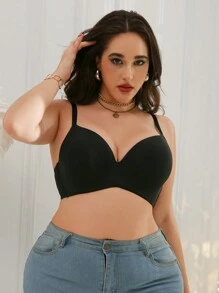 Plus Size Wire-Free Bra, Simple & Fashionable For Casual Daily Wear - Black - View 4