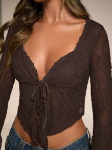 SHEIN BAE 女士灰绿色纯色约会之夜/单身派对/鸡尾酒会/返校季/音乐会服装/狂欢派对服装/时尚高街郊游/性感蕾丝荷叶边前细肩带不对称下摆女式上衣/性感女装/嬉皮士服装/性感女式上衣/长袖蕾丝上衣 - 咖啡棕 - 查看 7