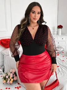 Flirla Valentine's Day Plus Size Heart Mesh Patchwork Top, Romantic Valentine's Includes Heart - Black - View 7