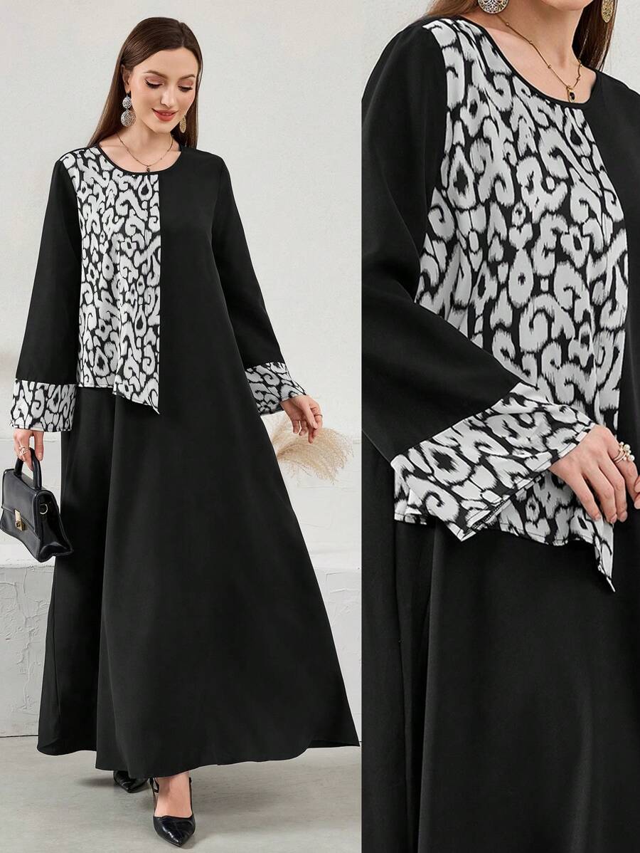 Al Najma 女士休闲优雅豹纹拼布圆领宽松连衣裙，秋季 - 彩色 - 查看 1