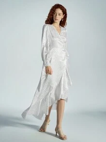 SHEIN Privé V-Neck Satin Unique Leopard Print Asymmetrical Hem Ruffle Trim Spring Dress For Women