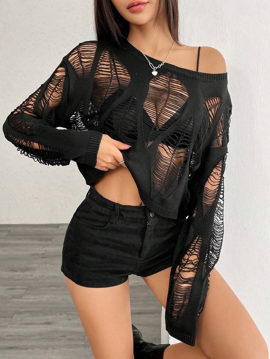 Chiquease Spring/Summer Hollow-Out Pullover Top, Sheer See-Through Cropped Cover Up - Black - View 1