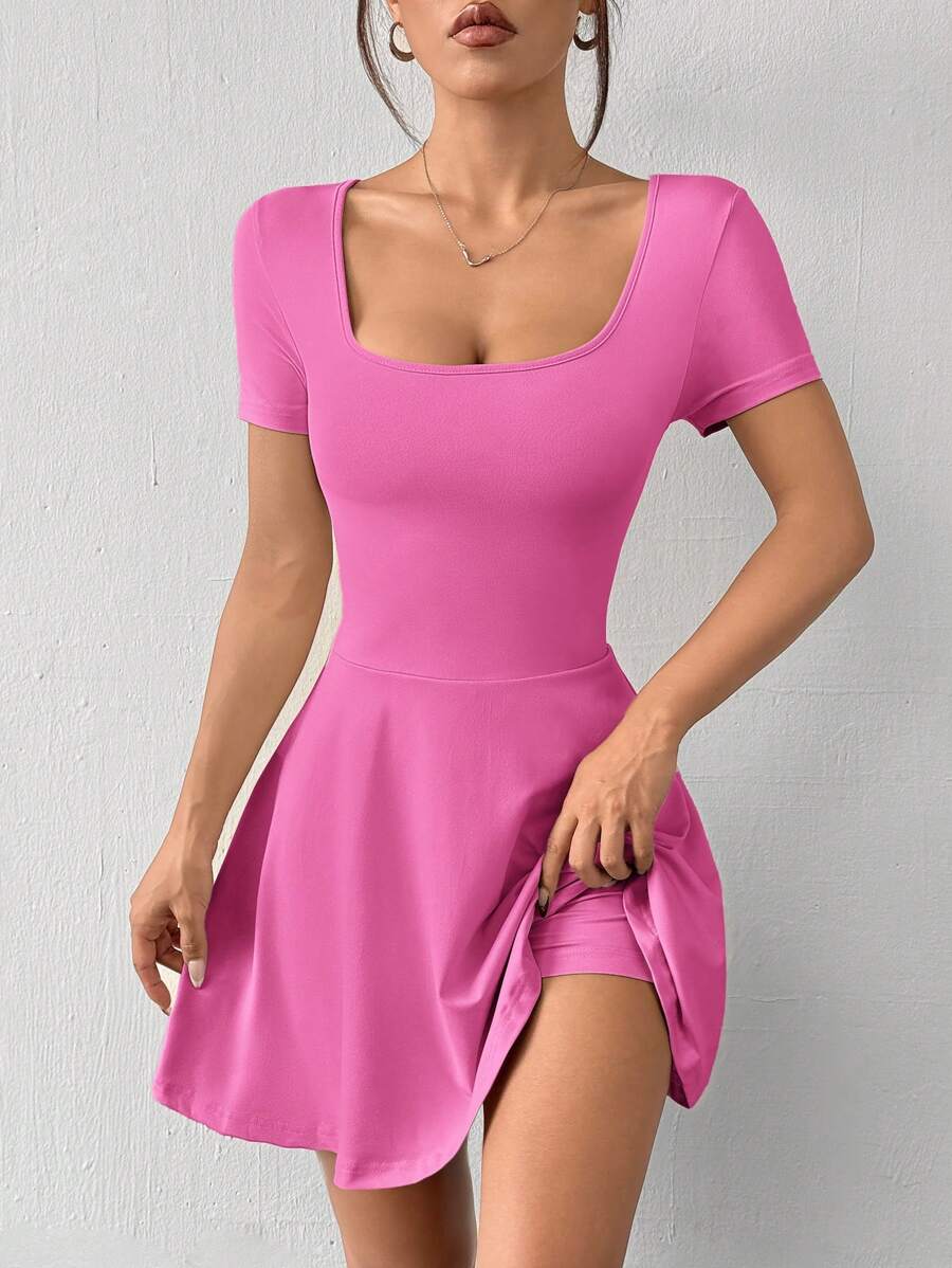 SHEIN EZwear Váy ngắn tay màu trơn cho nữ, mặc hàng ngày - Màu Hồng Tươi - Xem 1