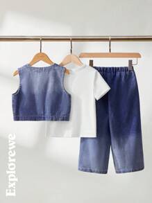 SHEIN A 3-Piece Set For Little Girls Featuring A Casual City Style Round-Neck Short-Sleeve T-Shirt Paired With A Denim Vest And Denim Long Pants. This 3-Piece Set Is Made Of Soft And Comfortable Cotton, Suitable For Spring, Summer, And Autumn. It Is Ideal For Various Occasions Such As City Street Photography, Outdoor Outings, Daily Wear, School, Gatherings, And More.