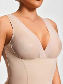 SHAPORA 1 件女士纯色无袖简约修身休闲连体衣塑身衣 - 杏色 - 查看 5