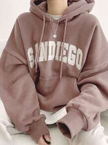 DAZY Thermal Lined Hooded Sweatshirt For Women, Casual Letter Print Pullover Hoodie, Autumn/Winter - Apricot - View 3