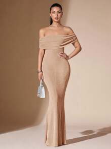 SHEIN BAE Váy tốt nghiệp bó sát hở vai màu trơn gợi cảm thanh lịch đuôi cá hở lưng cho nữ - Màu be - Xem 2