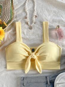 Soleia Women's Solid Color Front Knotted Hollow Cropped Camisole Top, Suitable For Vacation - Yellow - View 3