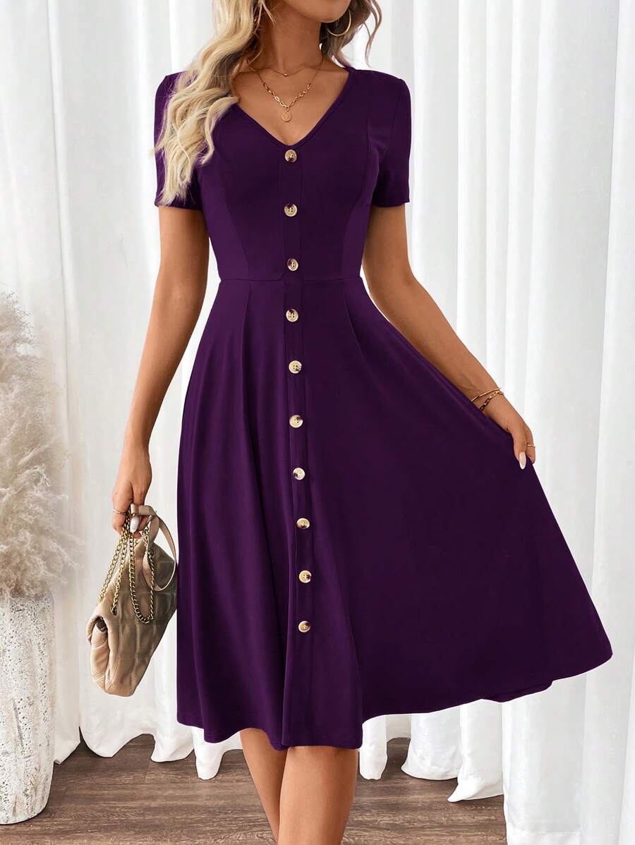 SHEIN Clasi 女士优雅 V 领短袖绿色 A 字连衣裙 - 紫色 - 查看 1