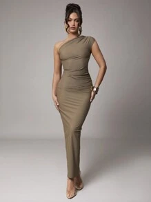 Silquee 女士纯色高端灰棕色针织面料，斜肩褶皱修身不对称下摆设计，时尚优雅约会夜吊带背心，浪漫情人节女士吊带背心，日常穿着 - 灰色 - 查看 8