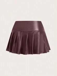 SHEIN EZwear 大码纯色 PU 皮革简约休闲日常 A 字裙 - 酒紅色 - 查看 2