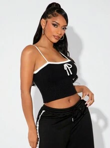 SHEIN SXY Autumn/Winter Comfy Cute Contrast Bow Camisole Knit Top - Black and White - View 4