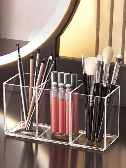 1pc Clear Makeup Brush Box, Multifunctional Storage Containers And Storage Box,Simple Office Desk Stationery And Pen Storage Box, Transparent Plastic Makeup Brush Holder, Ideal Bathroom Dressing Table Storage, Suitable For Large Capacity Organizer Brackets Such As Brushes And Eyebrow Pencils,School Stuff, Tray Bracket Display Suitable For Makeup Tables And Bathroom Countertops,Home Decor (2 Or 3 Compartments)