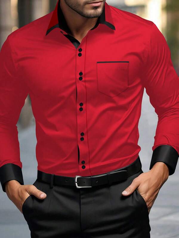 Manfinity Mode Men's Solid Color Patchwork Front Button Pocket Long Sleeve Casual Shirt, For Fall