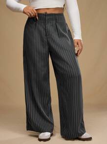 Forever 21 Plus Size Women Straight Leg Striped Print Work Pants - Grey - View 5
