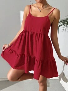 SHEIN EZwear 女士纯色细肩带褶皱简约短款休闲连衣裙 - 玫瑰紅 - 查看 6