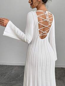 INAWLY Damen langärmeliges figurbetontes langes Kleid Einfarbig, Lässig für den täglichen Gebrauch - Weiss - Übersicht 2