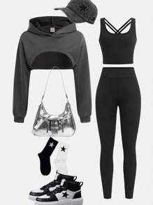 Conjunto de 3 piezas para niñas preadolescentes: sudadera con capucha corta y relajada, chaleco con tirantes cruzados y leggings elásticos ceñidos, estilo deportivo casual