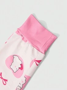 Young Girl Bow Print Crew Neck Long Sleeve Pajama Set: Top And Bottoms