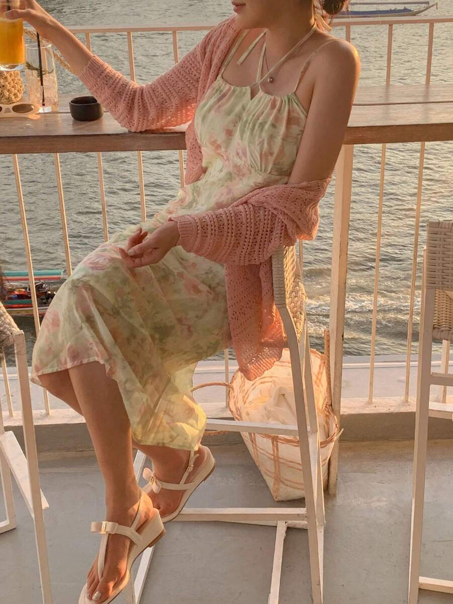 DAZY 女士印花无袖中长连衣裙，粉色假日花卉海滩度假风，春夏长款连衣裙 - 粉色 - 查看 1