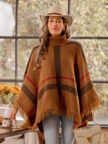 LanaWest Suéter de punto con cuello de tortuga y poncho de moda para mujer, suéter de punto de otoño/invierno - Multicolor - Ver 3