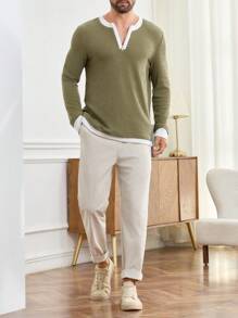 Manfinity Homme Men's Zip-Up Contrast Binding Long Sleeve Sweatshirt, Casual Pullover