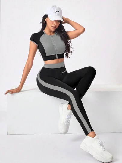 Easithlete 2 件/套女士修身运动服套装：拉链圆领短袖上衣和长裤女士健身套装女士紧身裤套装