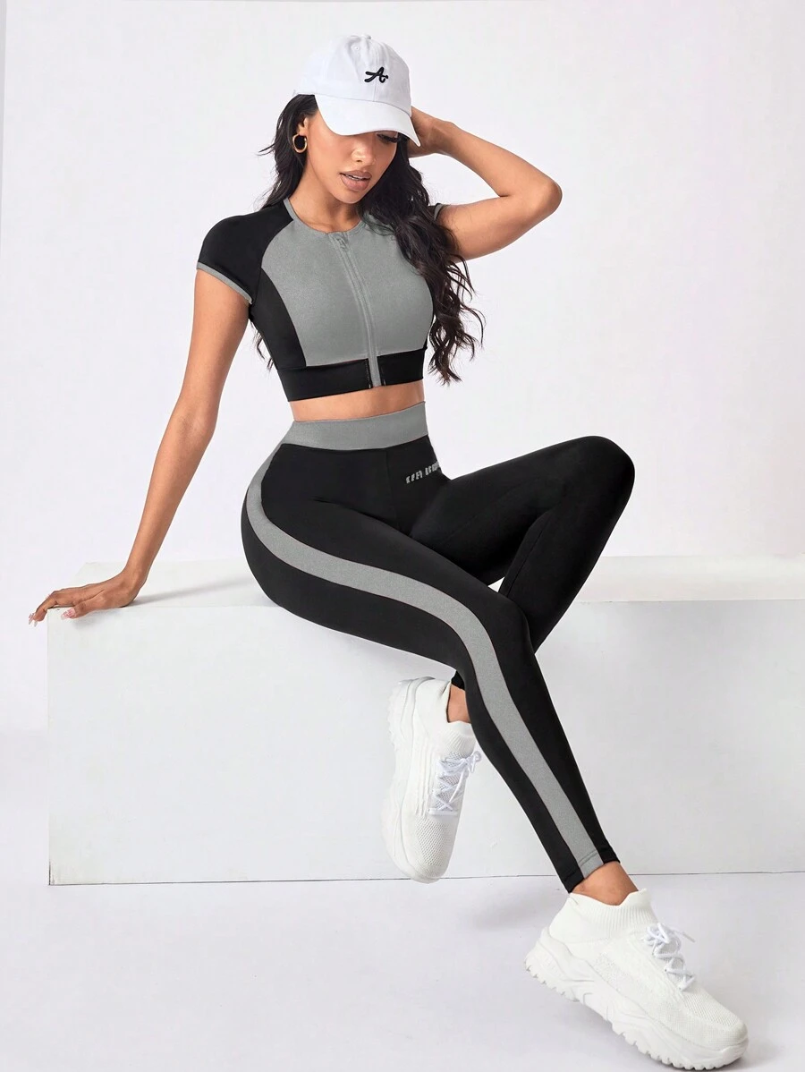 SHEIN Dewbera 2 件/套女士修身运动服套装:拉链圆领短袖上衣和长裤女士健身套装女士紧身裤套装 - 彩色 - 查看 1