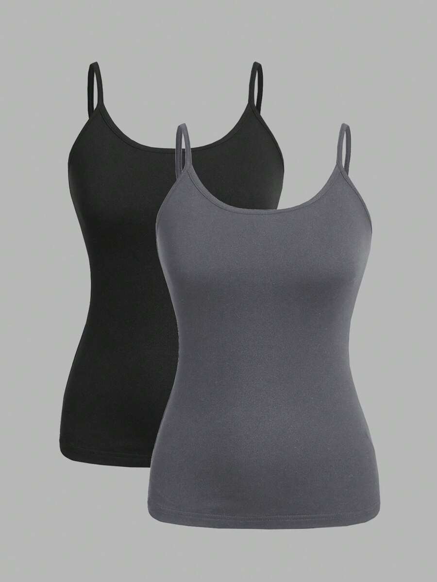 SHEIN EZwear 2 件女式黑色和深灰色无袖高领吊带背心,休闲夏装 - 彩色 - 查看 1