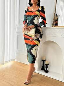 SHEIN Lady Spring Summer Vacation Casual Daily Commuter Elegant Dresses For Women Party Birthday Outfits For Women Vacation Style Full Print Pattern Women's Square Neck Long Sleeve Printed Casual Dress